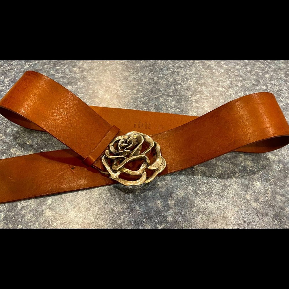 Garugliei Brown Leather Belt- Silver Rose Buckle- L (FLASH SALE- 1 DAY ONLY)